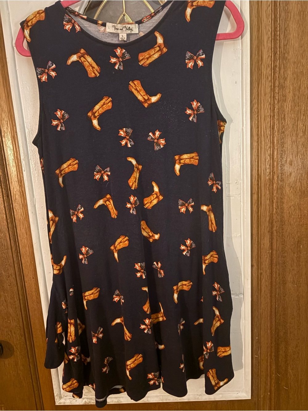 Vine & Love Navy Dress with Orange Cowboy Boot & Bow Print